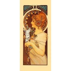 Lady Looking Left Side with Feather By Alphonse Mucha 12 X 27 Image 