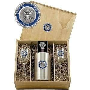  USN Navy Boxed Wine Set of Chiller   2 Glasses with Pewter 