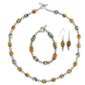 Sterling Silver Bead and Animal Print Bead Earring, Bracelet and 