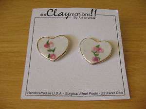 EXCLAYMATIONS Porcelain 22K Trim Heart Valentines Day Pierced Earrings