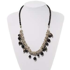  Silver Tone Link Charm Leather Style Necklace (Black 
