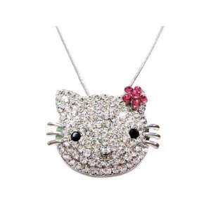  X Large Pink Flower Kitty Charm Necklace Silver Tone 