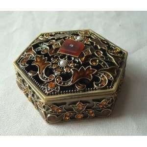  Hexagon Shaped Amber Epoxy Jewelry Trinket Box 2.75in X2 