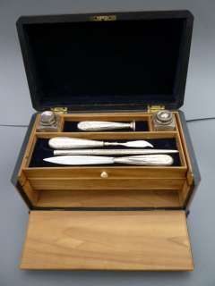 ANTIQUE TRAVEL BOX DESK SET WITH INKWELLS SILVERPLATED  