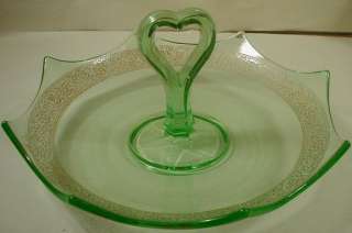 Green Depression Glass Appetizer Tray Gold Trim Serving  