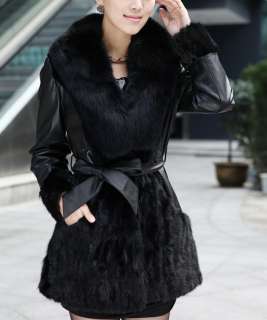 Long Black Sheepskin Real Leather Mink Fur Fox Fur Collar Women Coat 