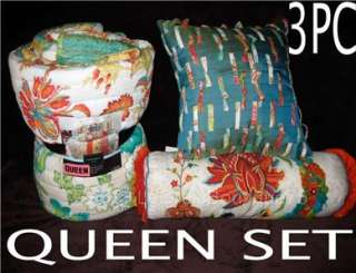 CYNTHIA ROWLEY 3PC *TROPICAL FLOWERS QUEEN QUILT SET DECORATIVE 