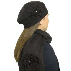  Brown Fashionable Flower Beret and Scarf Set
