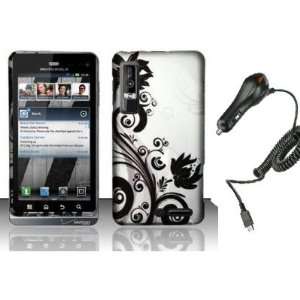  BLACK SILVER FLOWER Rubber Touch Snap On Phone Protector 