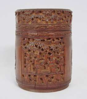 Chinese Qing Dynasty Bamboo Carved Figurine Tea Jar  