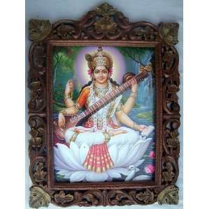 Godess Saraswati in lotus flower with Sawan & Saraswati veena poster 