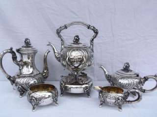   English Silverplate on Copper Tea Coffee Set Tipping Tea Pot  
