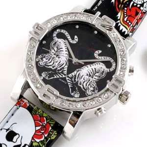 Tiger Tattoo Black Fashion Rhinestones Watch Men Wristwatch + Ed Hardy 