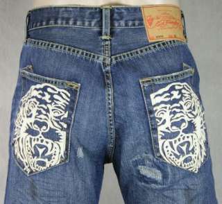 Ed Hardy Mens Tiger Head White Leather Patch Jeans 30  