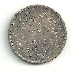VERY NICELY DETAILED VF 1909 BELGIUM 50 CENTIMES SILVER COIN D466 