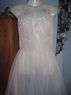 VINTAGE DOUBLE NYLON CHIFFON Pink Sissy NIGHTGOWN M 2 SHEER LAYERS of 