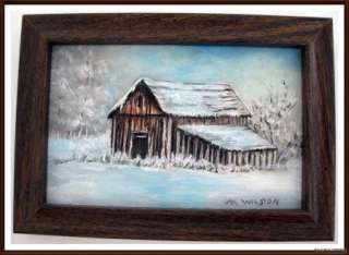   Acrylic Painting Snowy Barn Scene M Wilson 5 1/2 W X 3 1/2 H Framed