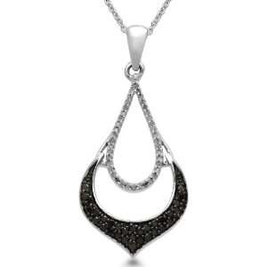 Sterling Silver Black and White Diamond Pear Shape Pendant Necklace (1 