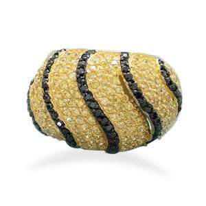 Rhodium Plated Polished Sterling Silver Ring With Yellow and Black CZ 