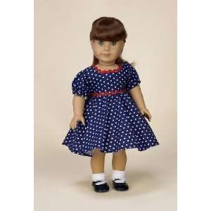 Navy Blue Polka Dot Dress. Complete Outfit with Shoes. Fits 18 Dolls 