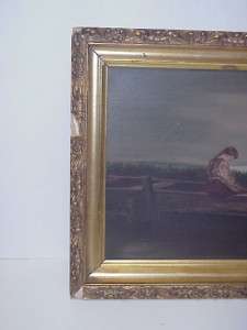 ANTIQUE OIL PAINTING ON BOARD WOMAN IN BOAT GOLD FRAME  