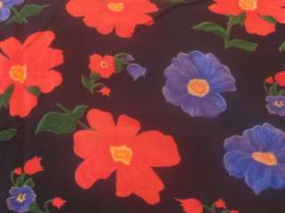 Red Blue Poppies on Black Fabric Polyester 2 1/2 yd  