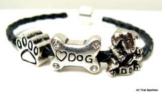 Black Puppy Dog Bone Paw Print Braided Bead Bracelet  