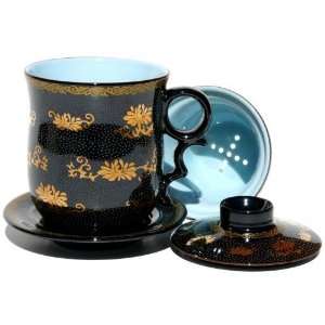  Black with Gold Flowers Tea Cup Set