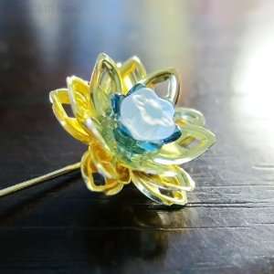  Gold Lotus Boutonniere   Teal and White   handmade flower 