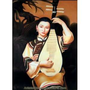   Art / Chinese Fine Art Chinese Oil Painting   Maiden Playing Pipa