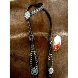  Bridle Headstall with Black Leather and Turq. Conchos 