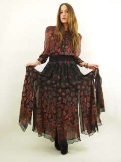 Vtg 70s Blk PAISLEY Floral Sheer BEADED Gypsy Tassel FRINGE Maxi Dress 