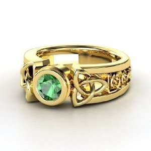    Celtic Sun Ring, Round Emerald 14K Yellow Gold Ring Jewelry
