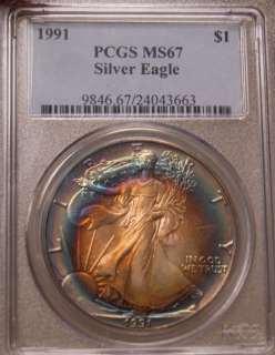 TONED PCGS 1991 MS67 BEAUTIFUL BULLS EYE TONING SUPER COIN  