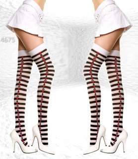 Opaque thigh highs in a black and white stripe design with card suit 