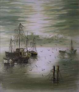 Stretched High Q Hand Painted Oil Painting Impression Fishing Boats 