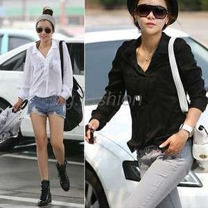 Korea Womens T Shirt Button Down Lapel Pockets Tops Casual Blouse 