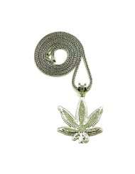 Cannabis Weed Pot Leaf Iced Out Pendant Necklace Silver
