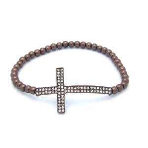  Gun Metal Beaded Side Cross Stretch Bracelet w/ Crystals 