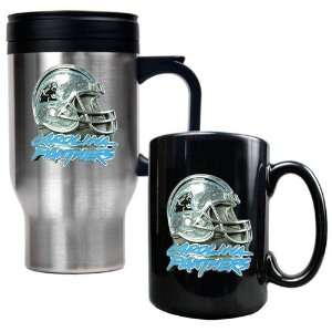 Carolina Panthers Stainless Steel Travel Mug and Black Ceramic Mug Set 