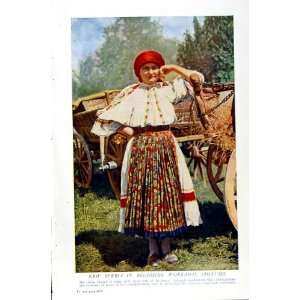  c1920 SERBIA COUNTRY WOMAN COSTUME CART COLOUR PRINT