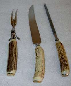 Vintage Carving Set Antler Handle Knife Fork Knife Sharpener Stainless 