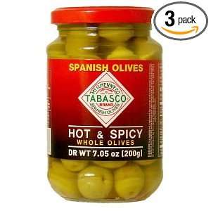Tabasco Whole Spicy Spanish Olives   7.5 oz Jar (Pack of 3)  