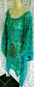 Vintage 60s CROCHET LACE Sheer PEACOCK Vtg ANGEL Sleeve Draped Dress 8 