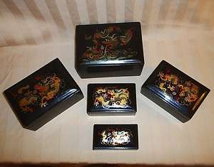   China Lacquer Ware Dragon 5 Nesting Boxes Hand Painted Chinese  