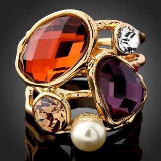 Pearl Brown Purple Clear Swarovski Crystal Gold GP Ring  