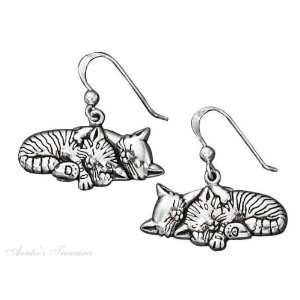  Sterling Silver Sleeping Cats Earrings Dangle Jewelry