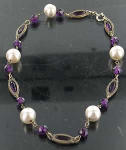 ANTIQUE 20S FAUX AMETHYST PEARLS CHOKER NECKLACE SWEET 13.25  