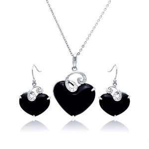 Nickel Free Sterling Silver Necklace & Earring Sets CZ Wave Onyx Heart 