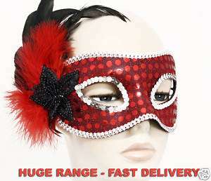 WOMENS MASQUERADE MASK   Feathered Red/Black Claudia  